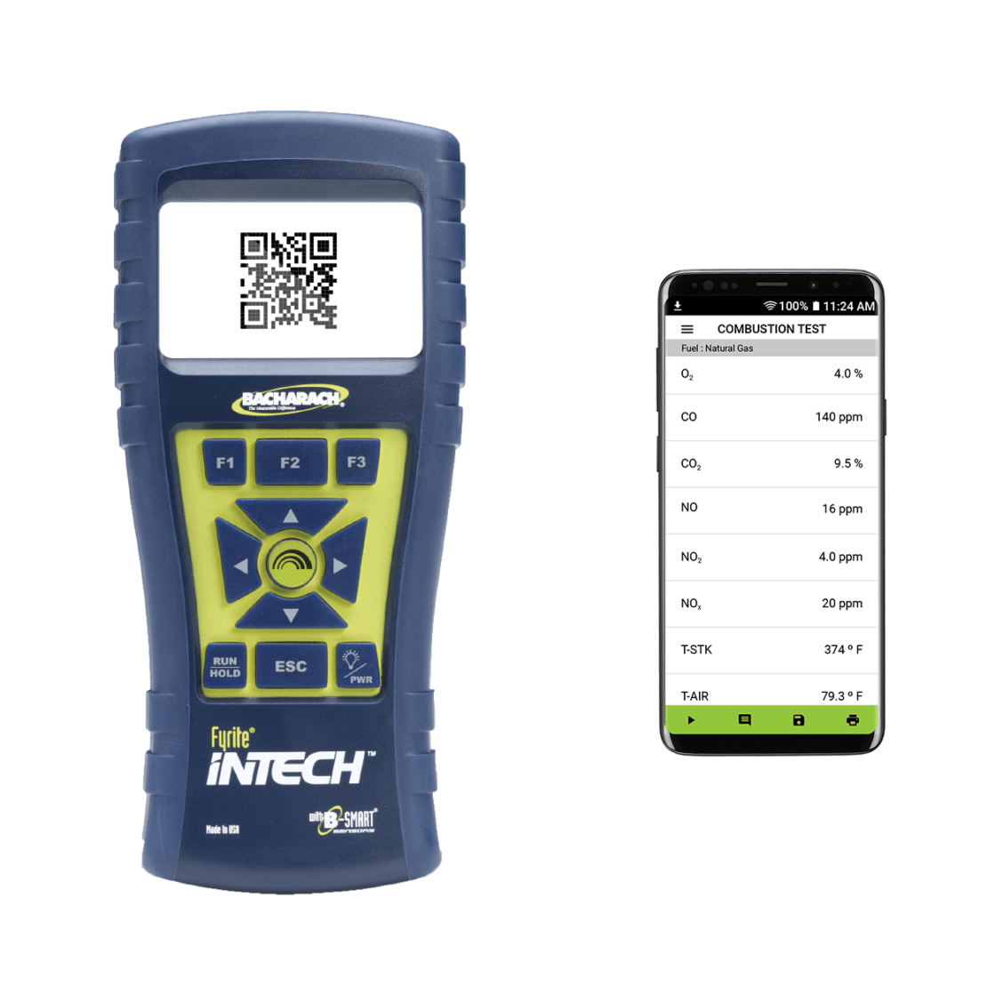 Bacharach Fyrite Intech forbrenningsanalysator tilkoblet app