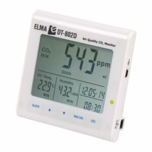 Elma DT-802D CO2-overvåker og logger for innendørs luftkvalitet annen vinkel
